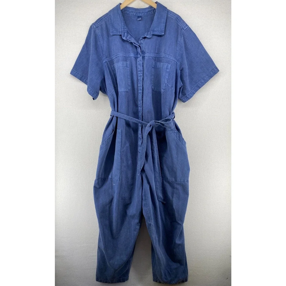 OLD NAVY Jumpsuit 3X Coverall Garment Dyed Denim Utility Short Sleeve Belt Blue